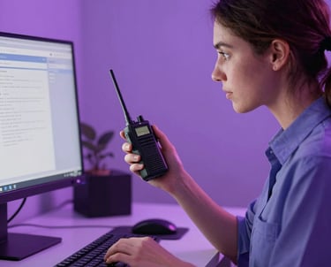 Una persona con un computador y un radio, configurandolo, que se vea que sabe lo que hace