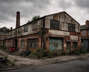A light industrial building that is looking dirty and unloved