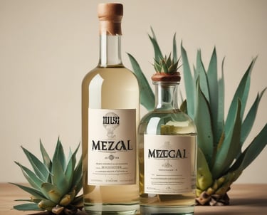Close-up of traditional mezcal bottles with denomination of origin labels.