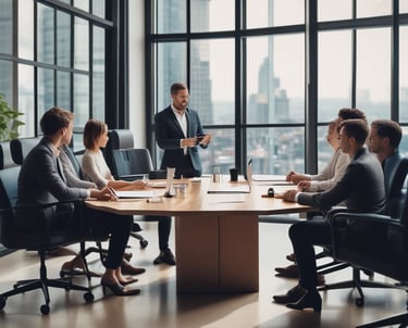 A focused consultant reviewing contracts with a client in a modern office.