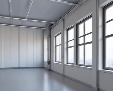 Empty industrial warehouse space with white walls, large glass windows, and grey concrete floors.