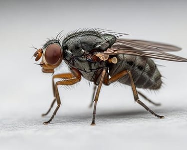 Macro side view of a common house fly with detailed wings and red eyes on a light surface.