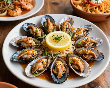 Fresh seafood platter with shrimp, octopus, and fish served on a rustic wooden table.