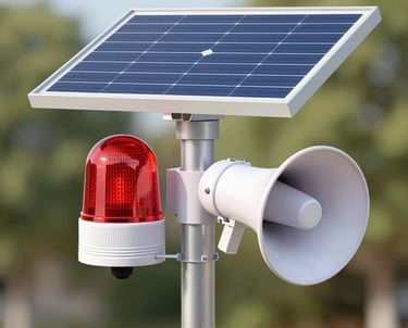 A modern community security alarm siren with a flashing red light installed on a street pole, houses