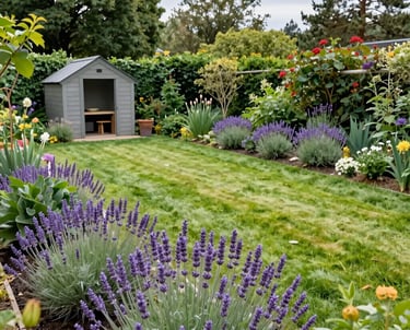Garden lawn surrounded by borders filled with plants