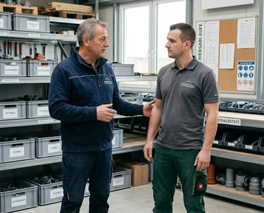 Gespräch im Betriebsumfeld als Symbol für Praxisverständnis in Bau und Handwerk