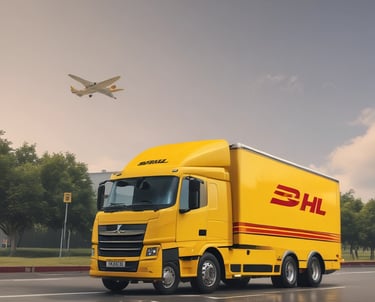 A vibrant delivery truck speeding down a city street with colorful parcels inside.