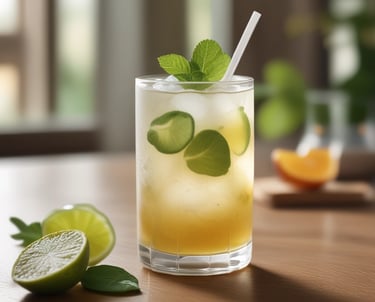 Colorful mocktails in clear glasses with fresh fruit garnishes on a yellow background.