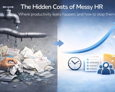 Hidden costs of messy HR: Productivity leaks, paperwork clutter, and a shift to a clean HR system.