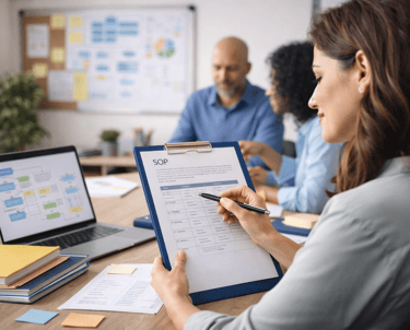 Team reviews SOP workflow to turn written processes into daily practice.