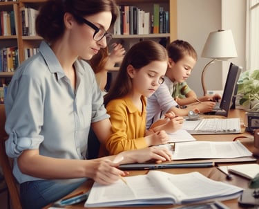 A warm mother helping her child with homework at a cozy kitchen table.