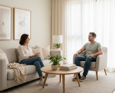 Due persone sedute in salotto che parlano con calma.