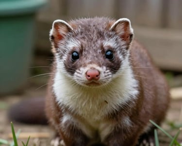 Close-up of a rat in a woodland edge near farm buildings.