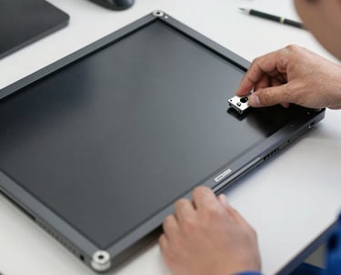 Close-up of a technician carefully replacing a cracked laptop screen with a new, vibrant display.