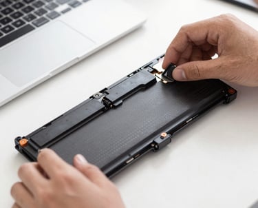 Close-up of a technician replacing a laptop battery with precision and care.