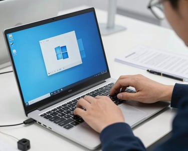 A technician carefully installing Windows 11 on a sleek laptop.