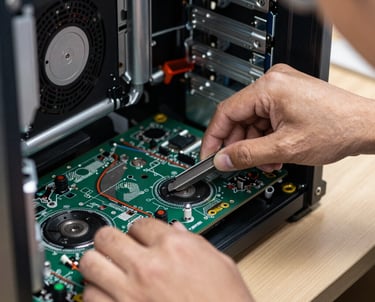 Technician carefully replacing a cracked laptop screen in a cozy workshop.