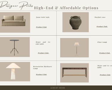 Interior designer picks featuring a neutral sofa, ceramic vase, side table, and modern floor lamps.