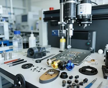 Custom titanium fasteners and precision CNC parts on a quality inspection table.