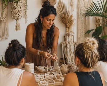  101 Una mujer imparte un taller de macramé para estudiantes en un estudio de estilo bohemio repleto