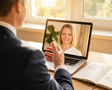 Online-Deutschunterricht: Mann spricht per Videoanruf mit Deutschlehrerin Natascha
