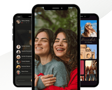 Jazly social media app interface on smartphones showcasing user profiles and lifestyle photo sharing.
