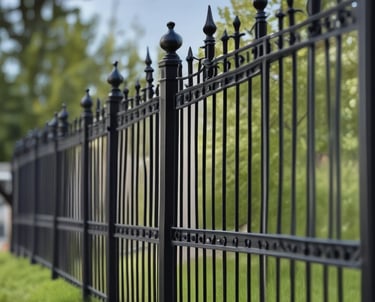 Wrought iron fence with intricate artistic patterns surrounding a garden.