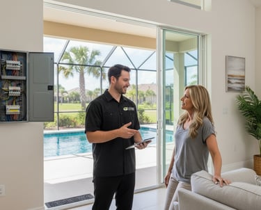 Caloosa Electric technician wearing company logo speaking with a homeowner in a Southwest Florida ho