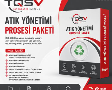 TQSV Atık Yönetimi Prosesi Paketi box featuring ISO 45001 compliance and environmental management forms.