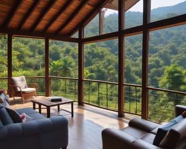 A cozy mountain villa surrounded by tropical trees and vibrant flowers in Jarabacoa.