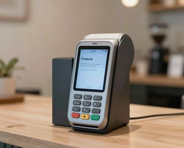 Clean, minimalist product photography of a modern payment terminal in a boutique Manila cafe, reflecting fintech and service integration.