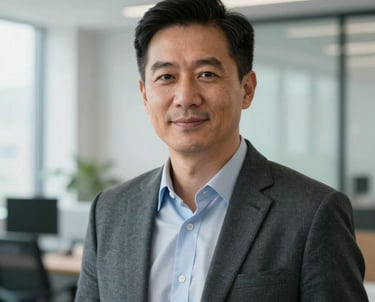 Portrait of a professional man in business casual attire in a bright, modern North American office setting. Professional, trustworthy expression.