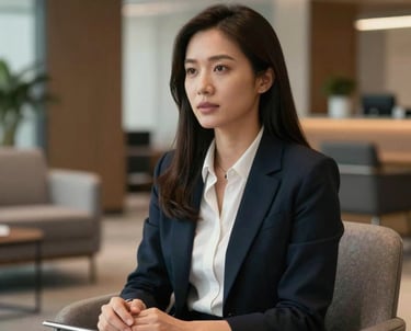 Portrait of a female digital strategist looking engaged and professional, set in a high-end corporate lounge with modern furniture in the background.