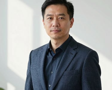 Portrait of a male tech specialist wearing a smart blazer, standing against a clean white wall with soft natural light. Professional and authoritative appearance.