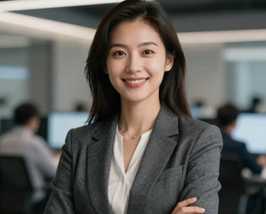 Portrait of a professional woman in a sleek tech-focused environment. She is smiling confidently, wearing professional modern attire suitable for an international business context.