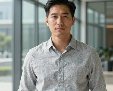 Professional portrait of a male corporate strategist in a light grey linen shirt, looking confident. Modern, clean architectural background with high-end glass windows, soft daylight, Global / North American context.