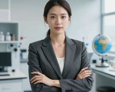 Professional corporate portrait of a female technical engineer in a sleek dark gray blazer, looking forward with confidence. Bright clean room or laboratory in the background, Global / North American setting.