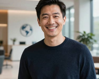 Professional headshot of a male supply chain specialist, smiling warmly, wearing a smart casual dark navy sweater. Bright, modern office lobby in the background, clean aesthetics, Global / North American context.