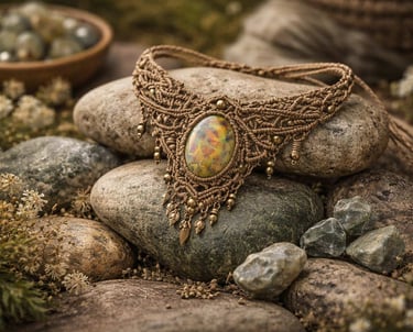 Collar de macramé elaborado con una piedra mineral amatista en tonos naranjas y cafes