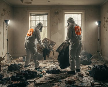 two men in protective gear cleaning a contaminated room with a lot of debris