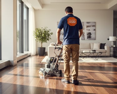 a man in a blue shirt is waxing a hardwood floor