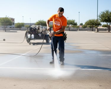 a man is using a pressurer to clean a parking lot
