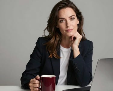 Portrait of a woman sitting at a clean workspace with a deep carmine red coffee mug and a laptop, looking professional and approachable.