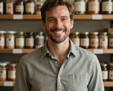 Portrait of a man with a friendly smile, standing in front of a shelf of artisanal products, wearing a neutral parchment green shirt.