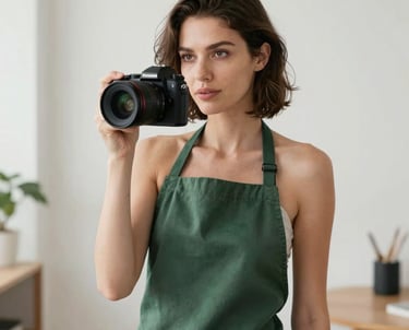 Portrait of a woman with a creative look, wearing a matte forest green apron, holding a digital camera in a bright, modern studio. Professional photography.