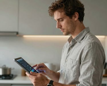 Portrait of a professional man in a minimalist kitchen setting, holding a tablet with social media analytics visible. Soft natural lighting.