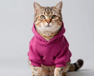 Adorable gato atigrado con una acogedora sudadera rosa de forro polar sentado