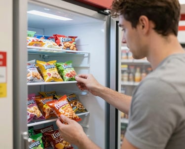 A sleek vendoai vending machine installed in a bright Florida storefront with customers interacting.
