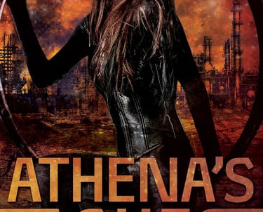 Athena's Ashes book cover featuring a woman in a post-apocalyptic cityscape by Jamie Grey.