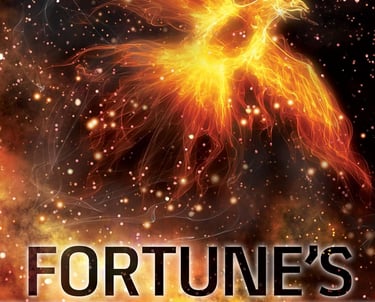 Book cover for Fortune's Risk by Jamie Grey featuring a glowing fire bird flying through space.